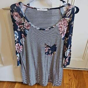 Women's Striped and Floral Top - Blue and Pink